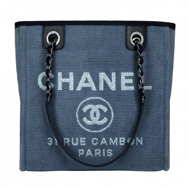 Blue cotton canvas small tote bag with leather details_Petit cabas bleu en toile de coton avec détails de cuir