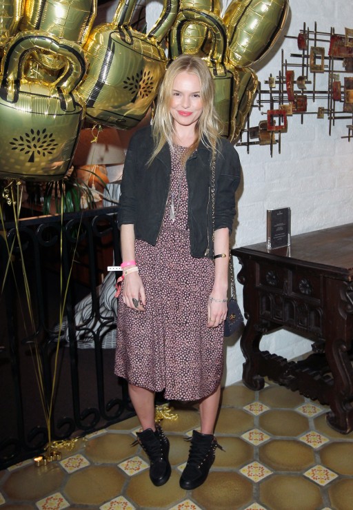 Kate Bosworth in Panel Dress in Multicolor Ditzy Daisy, Mulberry Sneaker in Black Studded Leather Carrying Mini Lily with Tassels in Ink Blue