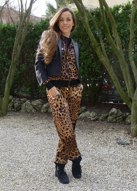 Sandra Bauknecht in Leopard print sweatsuit by Dolce & Gabbana